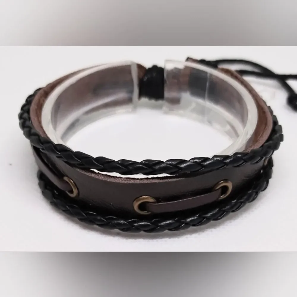 Men's Leather Bracelet Braided Brown F1